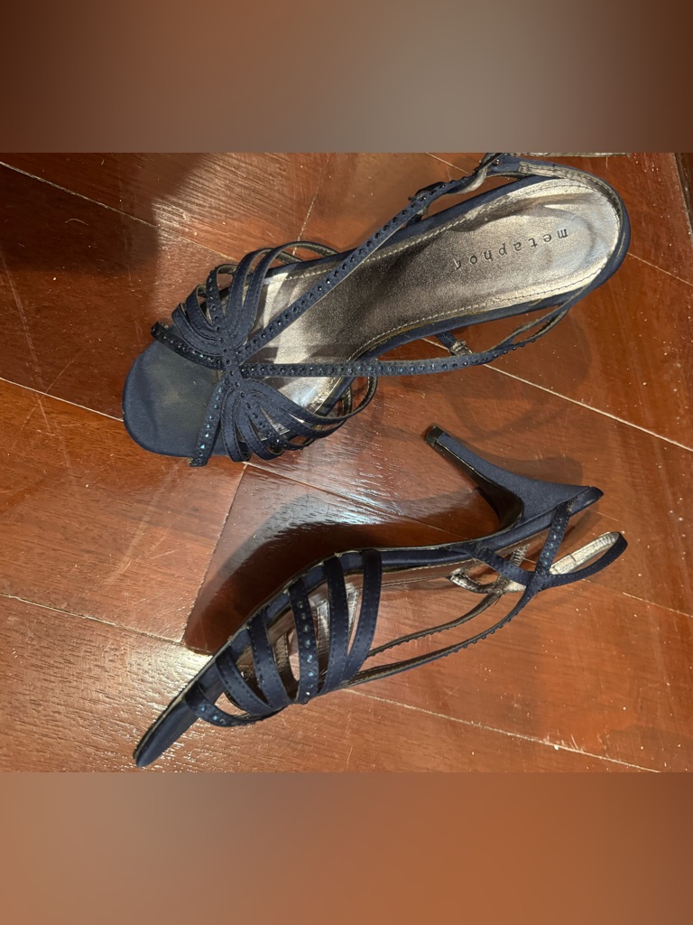 Metaphor Elegant Straps Navy Heels Shoes, Size 10